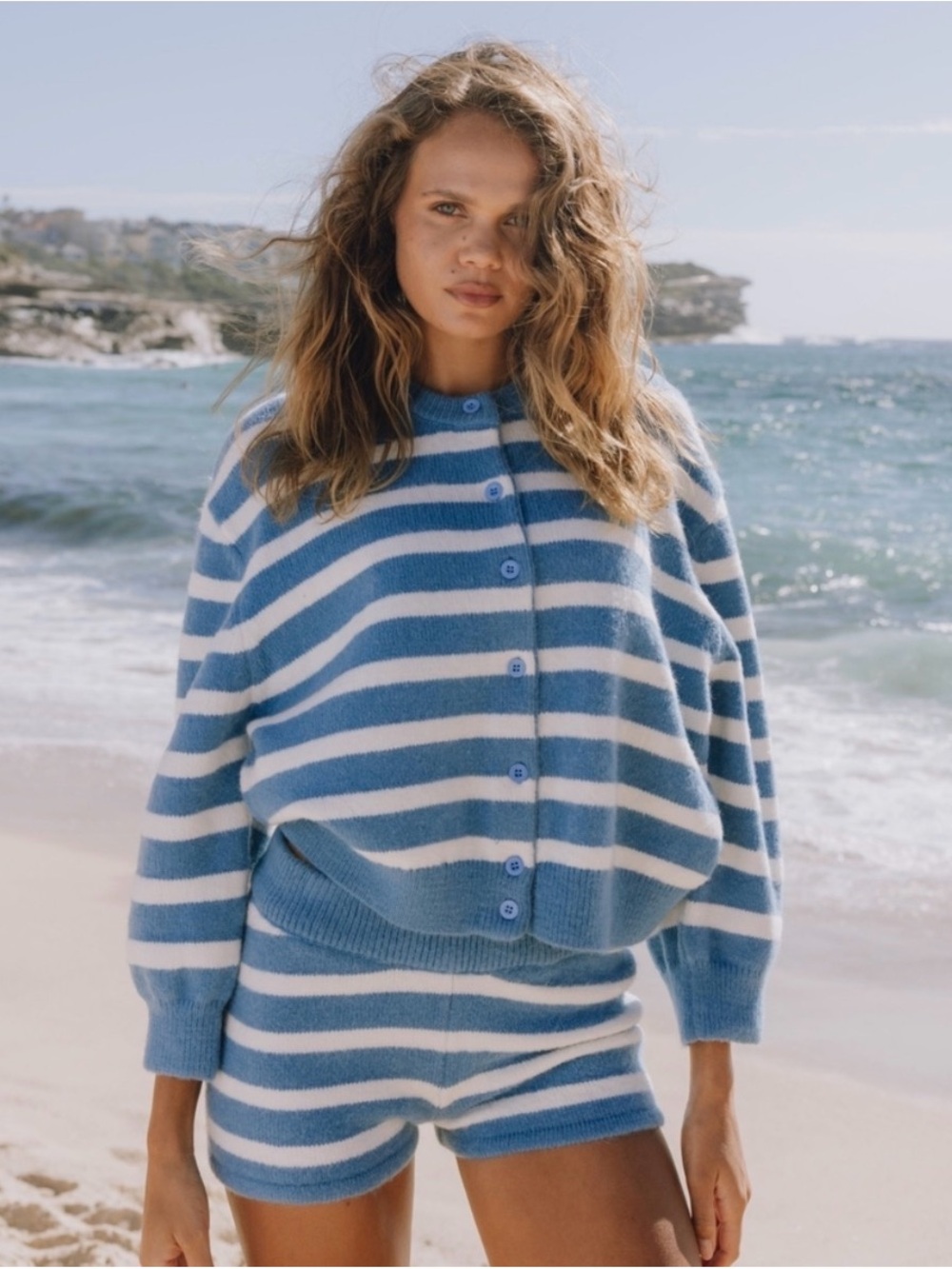 Daily drills Striped Blue & White Knit Cardigan & shorts - Women Sweater